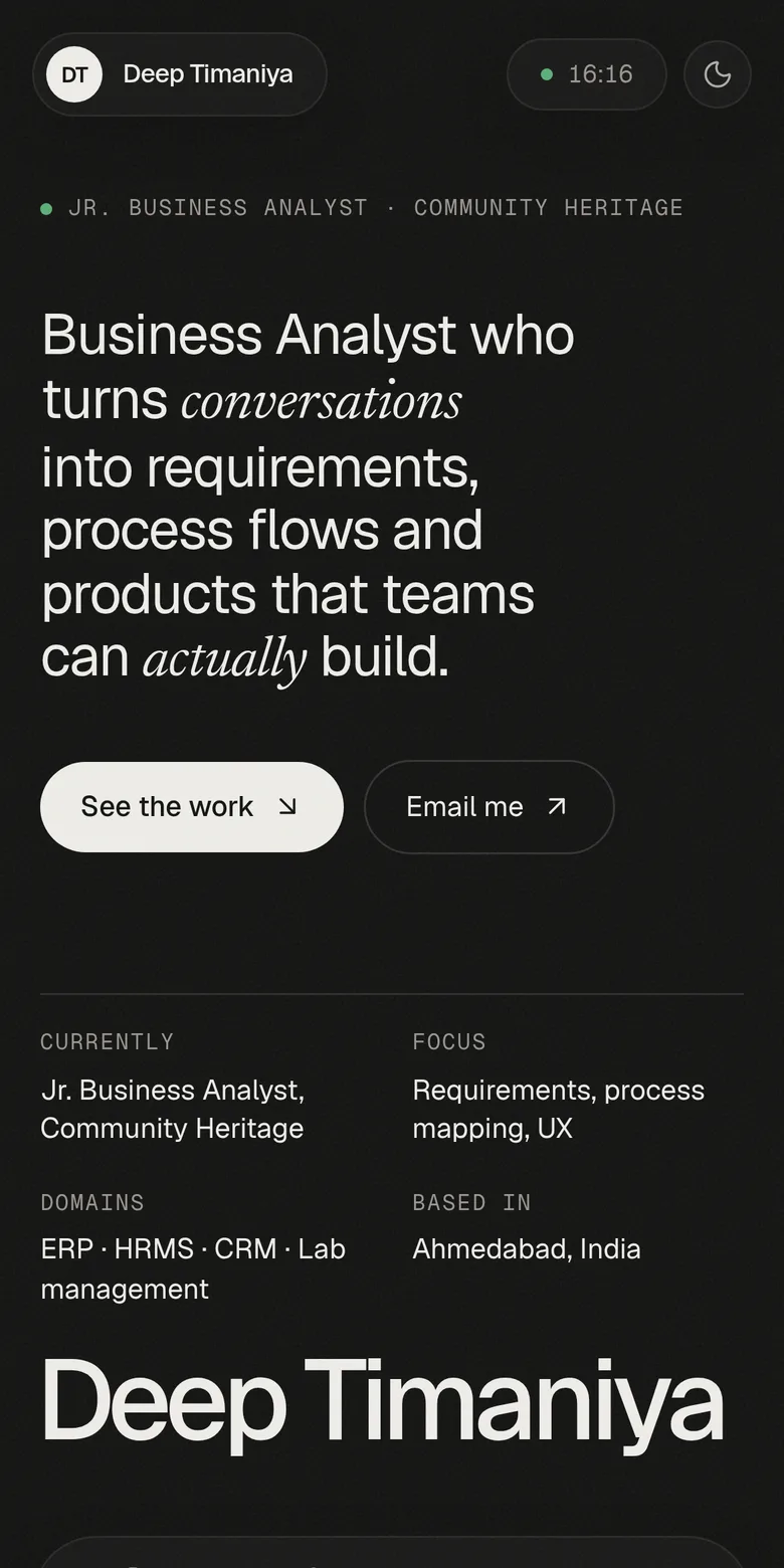 Deep Timaniya's portfolio on a phone: the same hero headline stacked, “See the work” and “Email me” buttons, role details, and a bottom tab bar for Work, Approach, Experience and Contact.